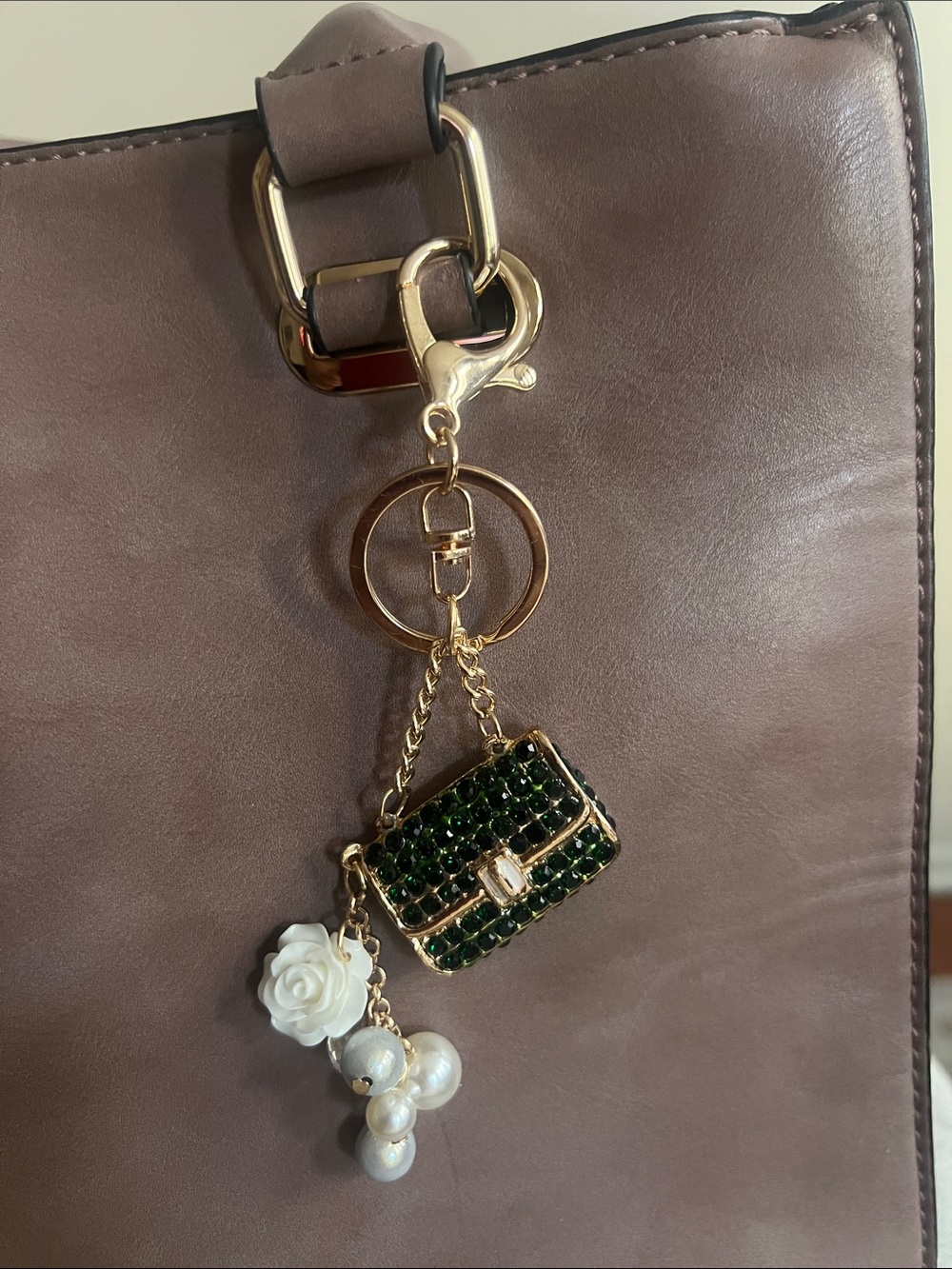 Gold & Color Rhinestone Purse Charm Keychain with Pearl and Rose